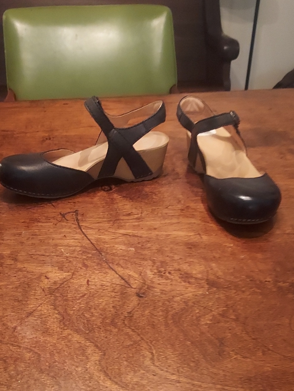 Women's Black Leather Mary Jane Wedge Heels with Ankle Strap